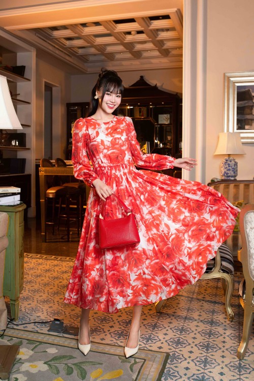 Sixdo Red Rose Print Organza Flared Dress